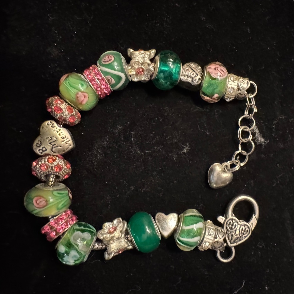 Pink and Green Glass Bead Pandora Style Bracelet